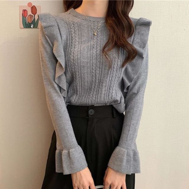 Sisyphi-Flared-Sleeve Crew Neck Plain Ruffle Sweater