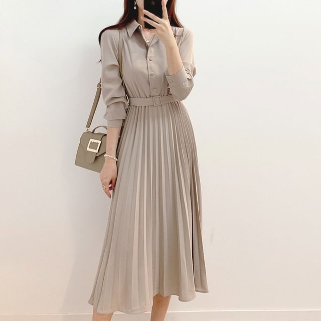 MIKIGA-Long Sleeve Collared Plain Pleated Belted Button Midi A-Line Dress
