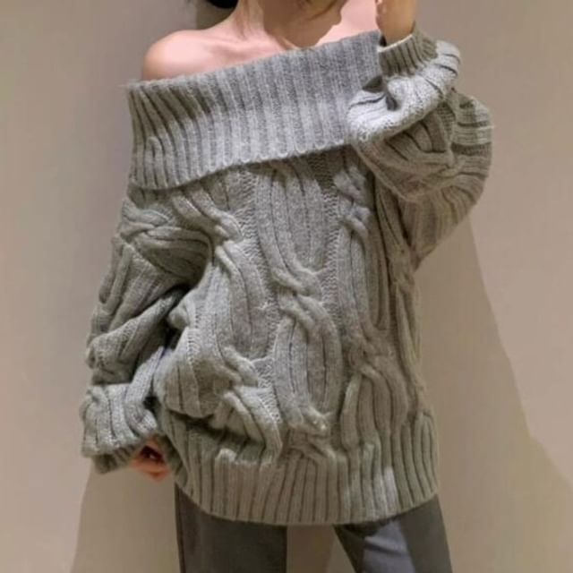 Sienne-Off-Shoulder Plain Cable Knit Oversized Sweater