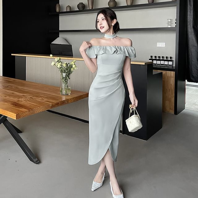 knee length dresses for ladies Off The Shoulder Red Bodycon Midi Dress main image 1