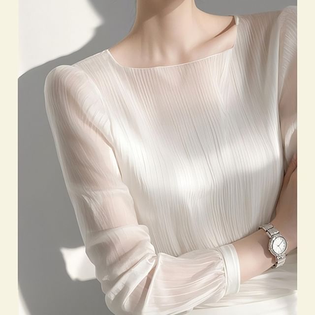 Jeonseon-Puff-Sleeve Plain Ribbed Blouse