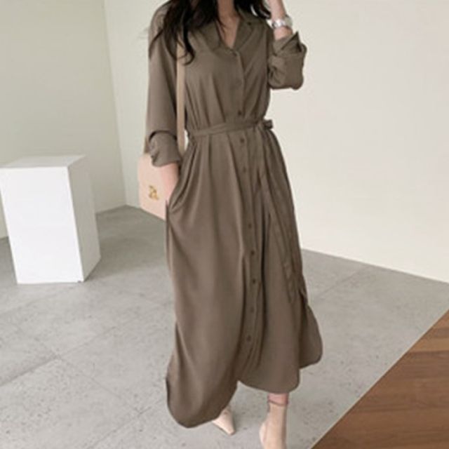Mimi Lulu - Long-Sleeve Lapel Collar Plain Midi Shirt Dress | YesStyle Mimi Lulu - Long-Sleeve Lapel Collar Plain Midi Shirt Dress | YesStyle