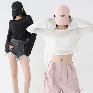 Amyway-Long-Sleeve Scoop Neck Drawstring Knit Top