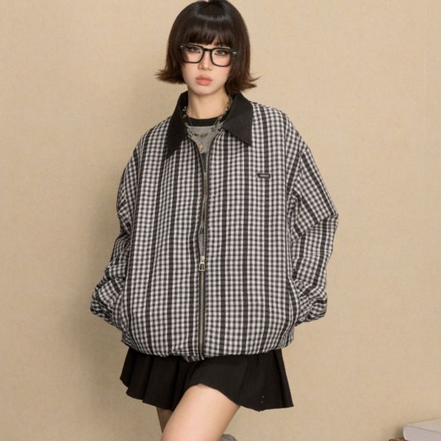 JVL-Collared Plaid Panel Lace Zip Jacket