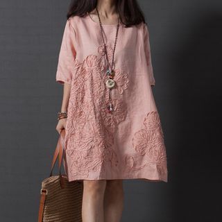 Lewwe - Elbow-Sleeve Floral Embroidered Shift Dress | YesStyle