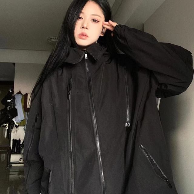 Everose-Plain Hooded Zip Jacket