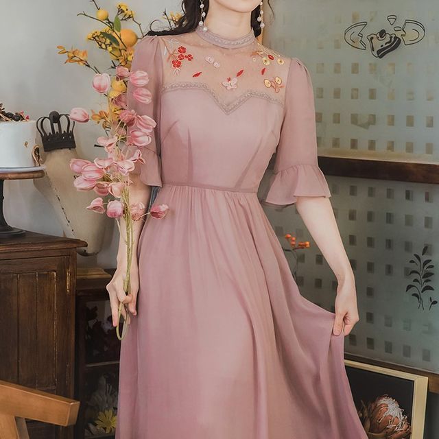 Cocaliso - Bell-Sleeve Floral Embroidered Mesh Panel Chiffon Maxi Dress |  YesStyle