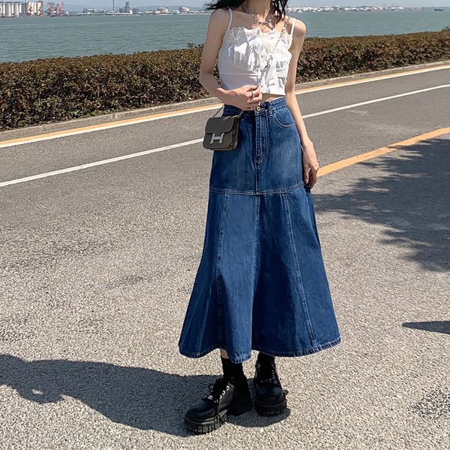 Luna Rouge - High Waist Denim Midi Mermaid Skirt | YesStyle