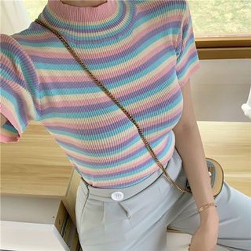 Alfie - Rainbow Striped Mock-Neck Ribbed Knit Short-Sleeve T-Shirt |  YesStyle