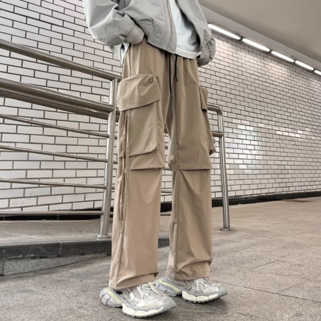 Trimecca-Drawstring Waist Plain Loose Fit Cargo Pants