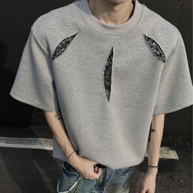 Freehop-Short-Sleeve Crew Neck Patchwork T-Shirt