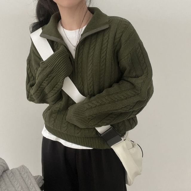PINPI - Long-Sleeve Plain Half-Zip Cable Knit Sweater | YesStyle
