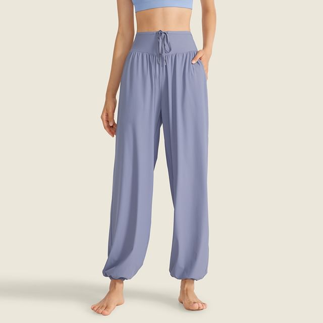 Runyz-Drawstring Waist Plain Baggy Yoga Pants