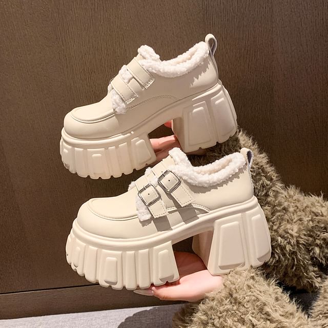 Sleeko-Buckled Fleece Trim Platform Ankle Boots
