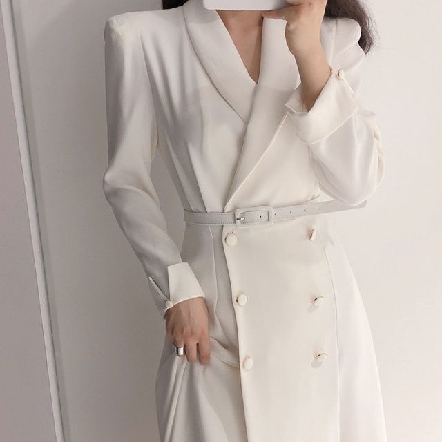 Alberlino - Long-Sleeve Plain Double-Breasted Midi Blazer Dress | YesStyle