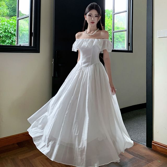 Moanum-Off-Shoulder Plain Ruffle Maxi A-Line Dress