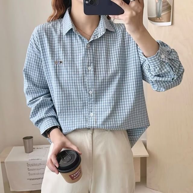 PANDAGO-Long Sleeve Collared Plaid Button Up Shirt