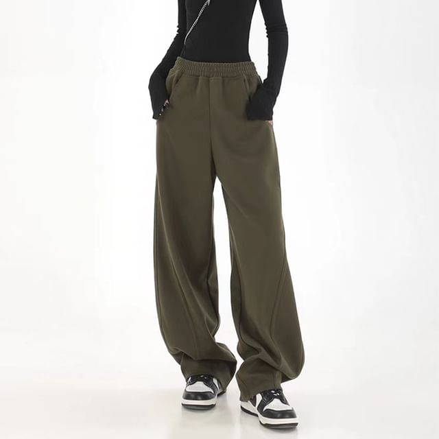 Everose-Elastic Waist Plain Wide Leg Pants
