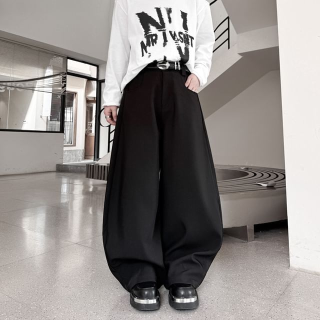 Omozando-Mid Rise Plain Barrel Leg Pants