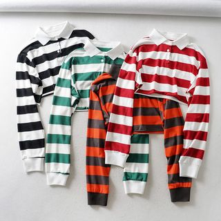 Long-Sleeve Cropped Striped Polo Shirt 