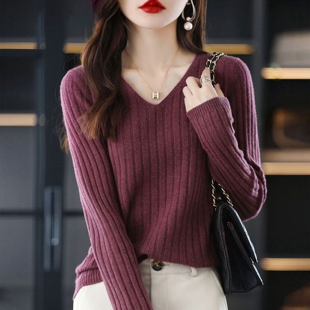Odestra-Long-Sleeve V-Neck Plain Ribbed Knit Top