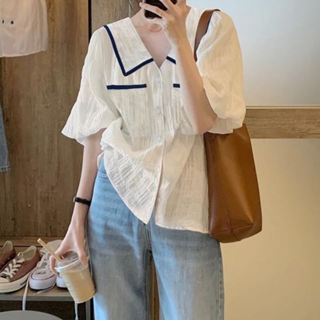 Bigfol-Balloon Sleeve V-Neck Contrast Trim Blouse
