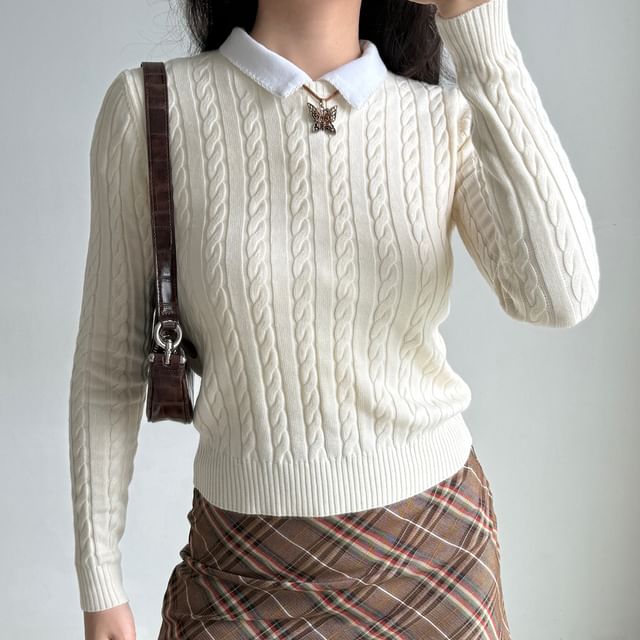 Sinora-Long-Sleeve Round Neck Plain Cable Knit Top