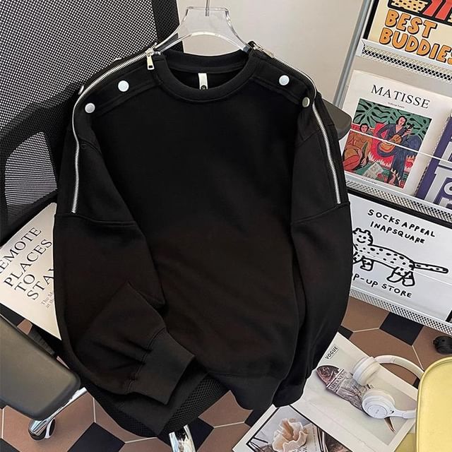 Diphon-Crew Neck Plain Studded Zip Detail Sweatshirt