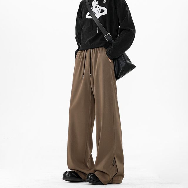 Kimeya-Drawstring Waist Plain Wide Leg Pants