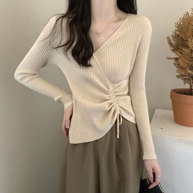 Sisyphi-Long Sleeve V-Neck Plain Drawstring Ribbed Knit Wrap Top