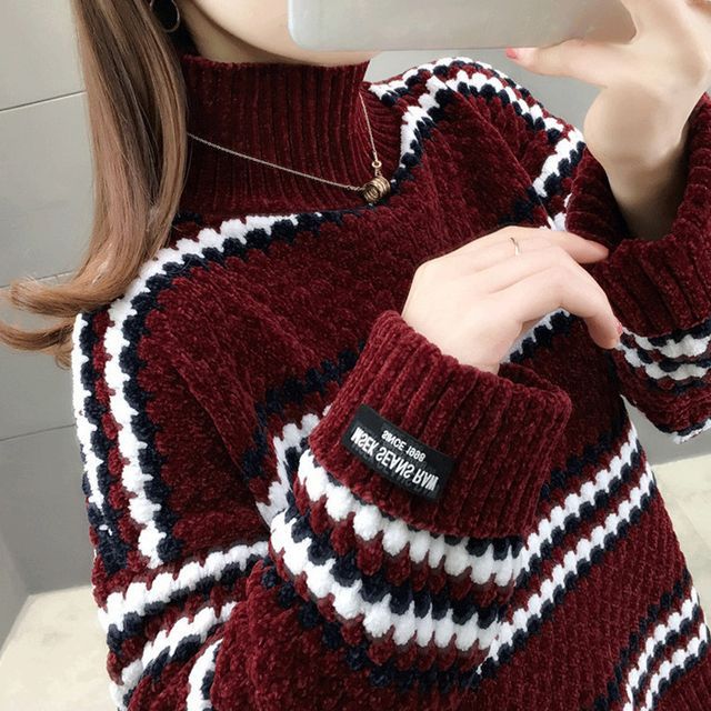Odestra-Mock-Neck Striped Sweater