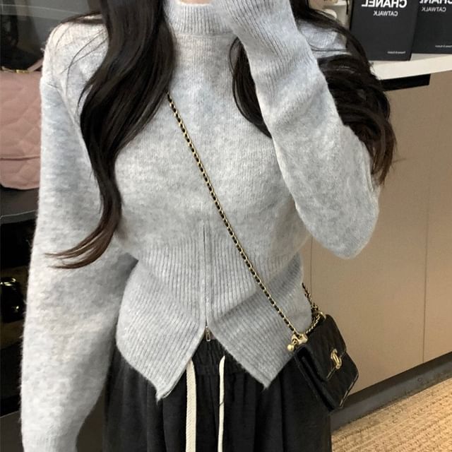 Trendycas-Mock Neck Plain Zip Slit Sweater Drawstring Waist Plain Wide Leg Pants