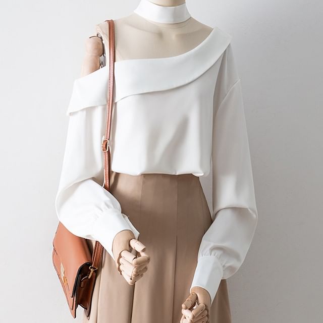 Cossita-Set One-Shoulder Puff-Sleeve Plain Blouse Sash
