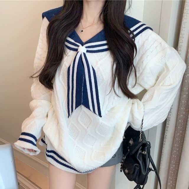 Sailor-Collar Cable Knit Pullover Sサイズ Ukiyo - Long-Sleeve Sailor Collar Cable Knit Sweater | YesStyle