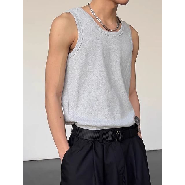 fluffush-Round Neck Plain Tank Top