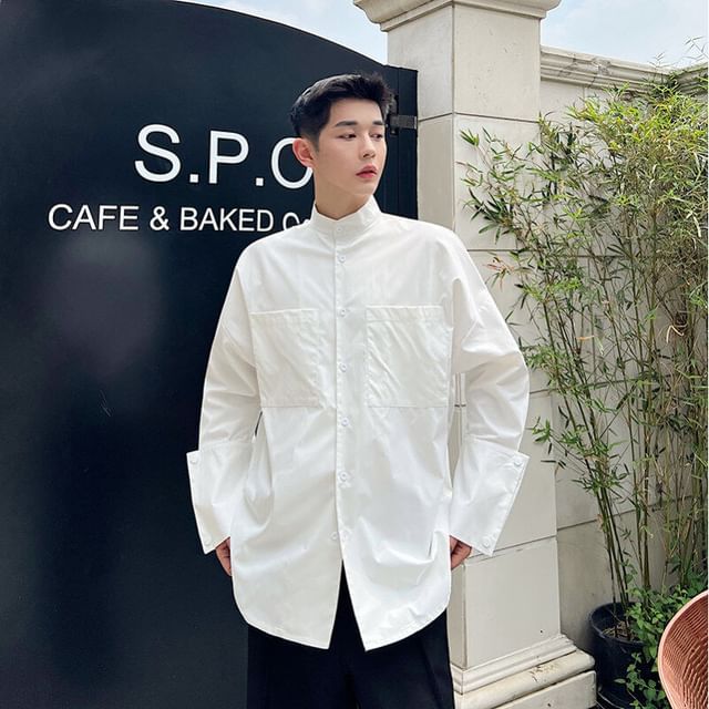 Zentrus-Long-Sleeve Stand Collar Plain Shirt