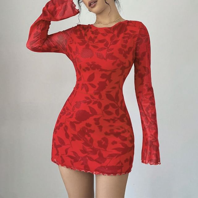 Erodite - Long-Sleeve Crewneck Leopard Print Mini Bodycon Dress | YesStyle