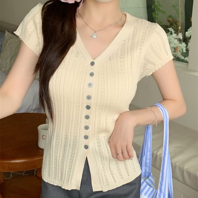 Allinya-Short Sleeve V-Neck Button Up Ribbed Knit Top