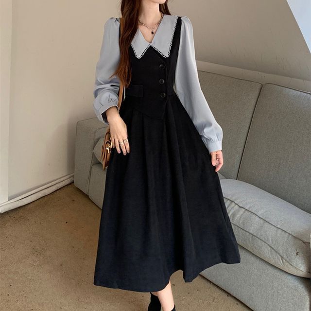 Erlington - Mock Two-Piece Long-Sleeve Collar Two Tone Midi A-Line Dress |  YesStyle