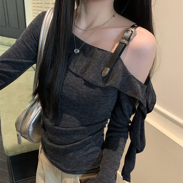 Beem-Long Sleeve Cold Shoulder Plain Ruched Top