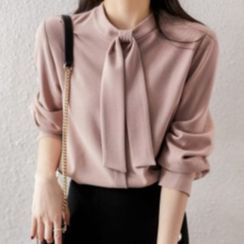 Superduper - Long-Sleeve Tie Neck Blouse Superduper - Long-Sleeve Tie Neck Blouse
