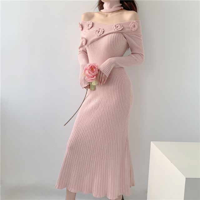 Yilda - Long Sleeve Off Shoulder Flower Detail Ribbed Knit Midi Bodycon Dress | YesStyle Yilda - Long Sleeve Off Shoulder Flower Detail Ribbed Knit Midi Bodycon Dress | YesStyle