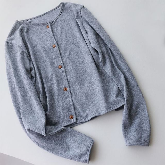Faiar-Long-Sleeve Crew Neck Plain Button Top