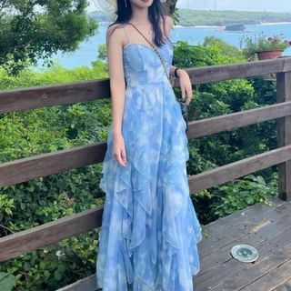 JVL-Spaghetti Strap Tie Dye Ruffle Asymmetrical Maxi Sundress