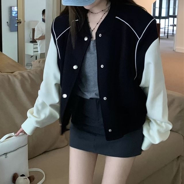 Beem-Two Tone Single-Breasted Baseball Jacket