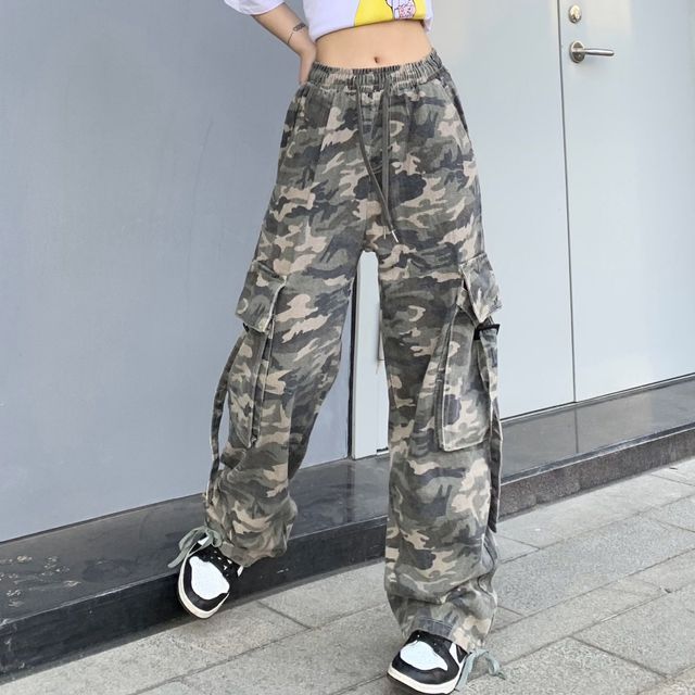 Krakin Low Waist Camo Print Wide Leg Cargo Pants YesStyle