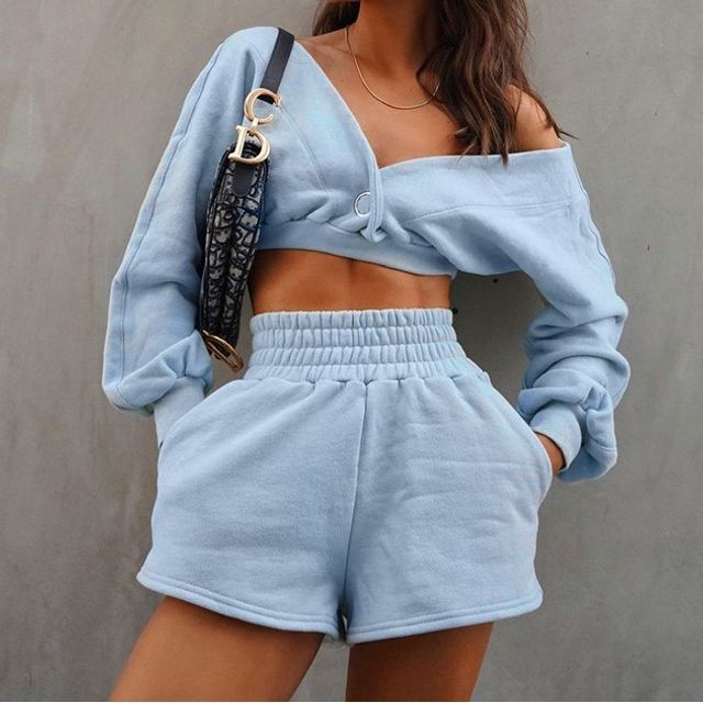 Jeshili Set: Plain V-Neck Cropped Sweatshirt Plain High-Waist