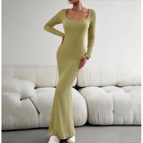 Long-Sleeve Square Neck Plain Ribbed Maxi Mermaid Knit Dress