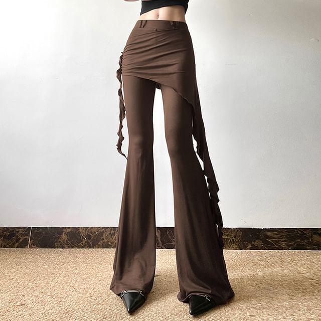 Allinya-Mid Waist Plain Skirt Overlay Flared Pants