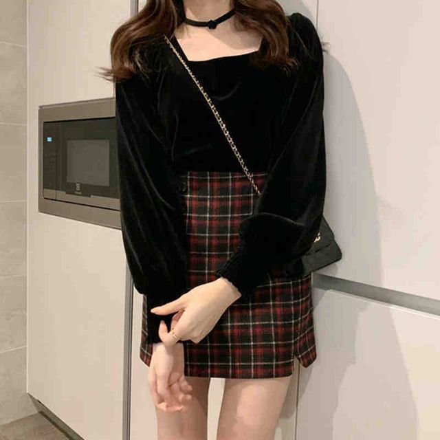 COBRASCA Long-Sleeve Velvet Blouse Plaid Mini A-Line Skirt